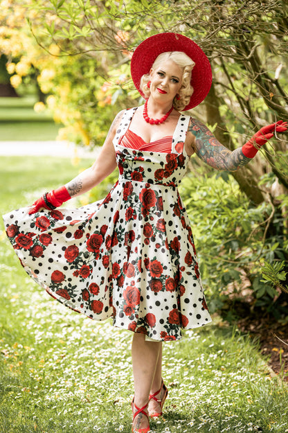 Grace Rockabilly Red Rose Pleated Bust Dress
