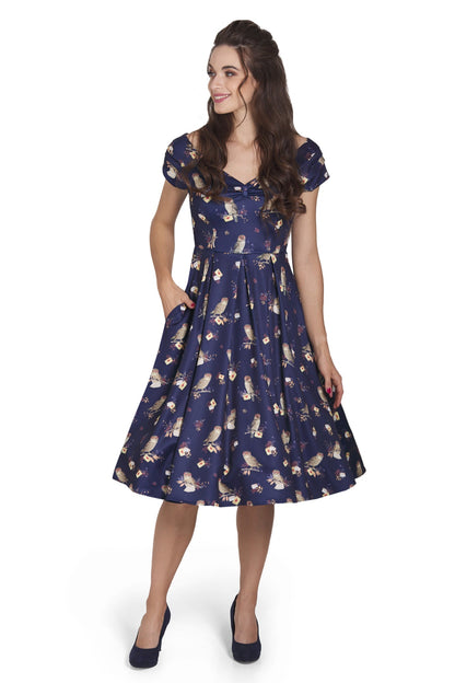 Lily Off Shoulder Navy Owl Swing Dress