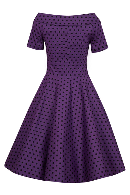 Darlene Retro Polka Dot Swing Dress in Purple