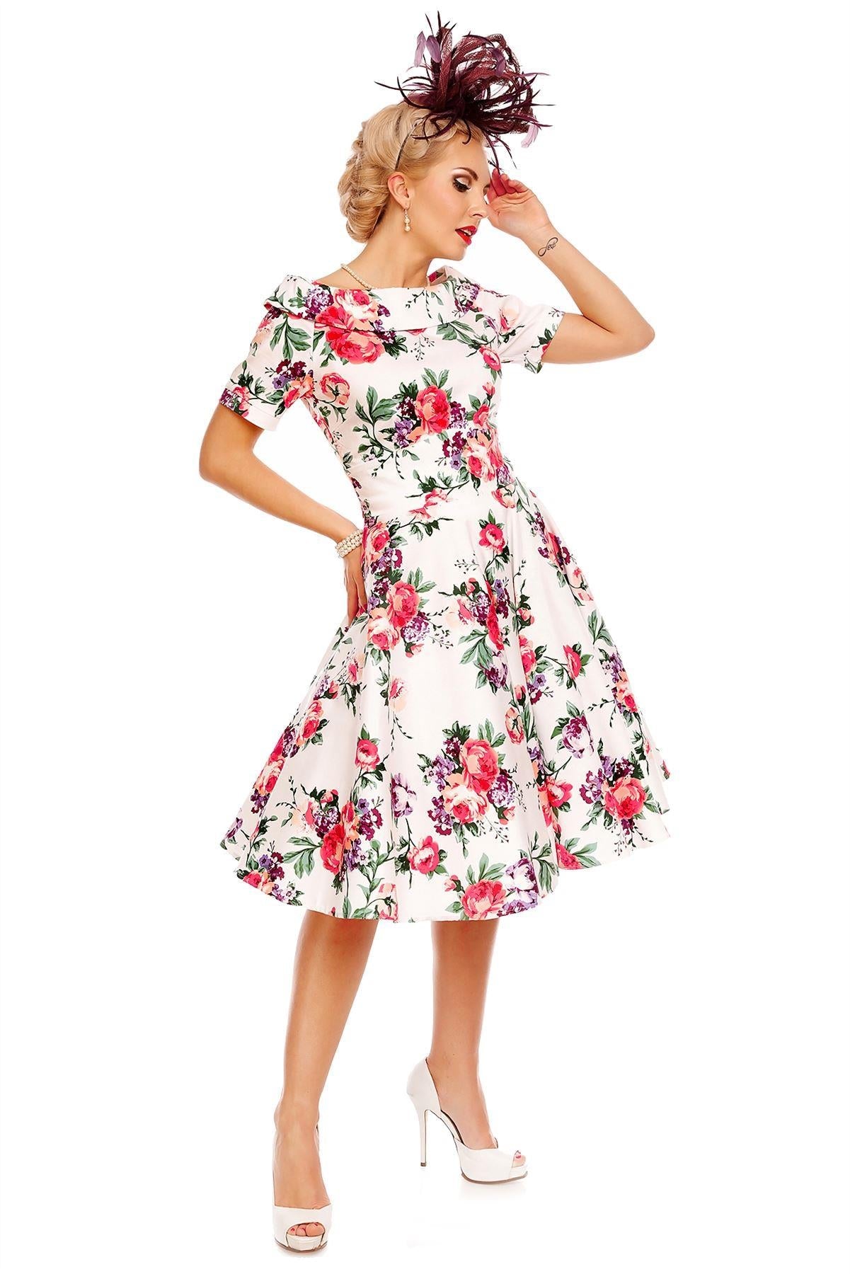 Darlene Retro Floral  Swing Dress in White