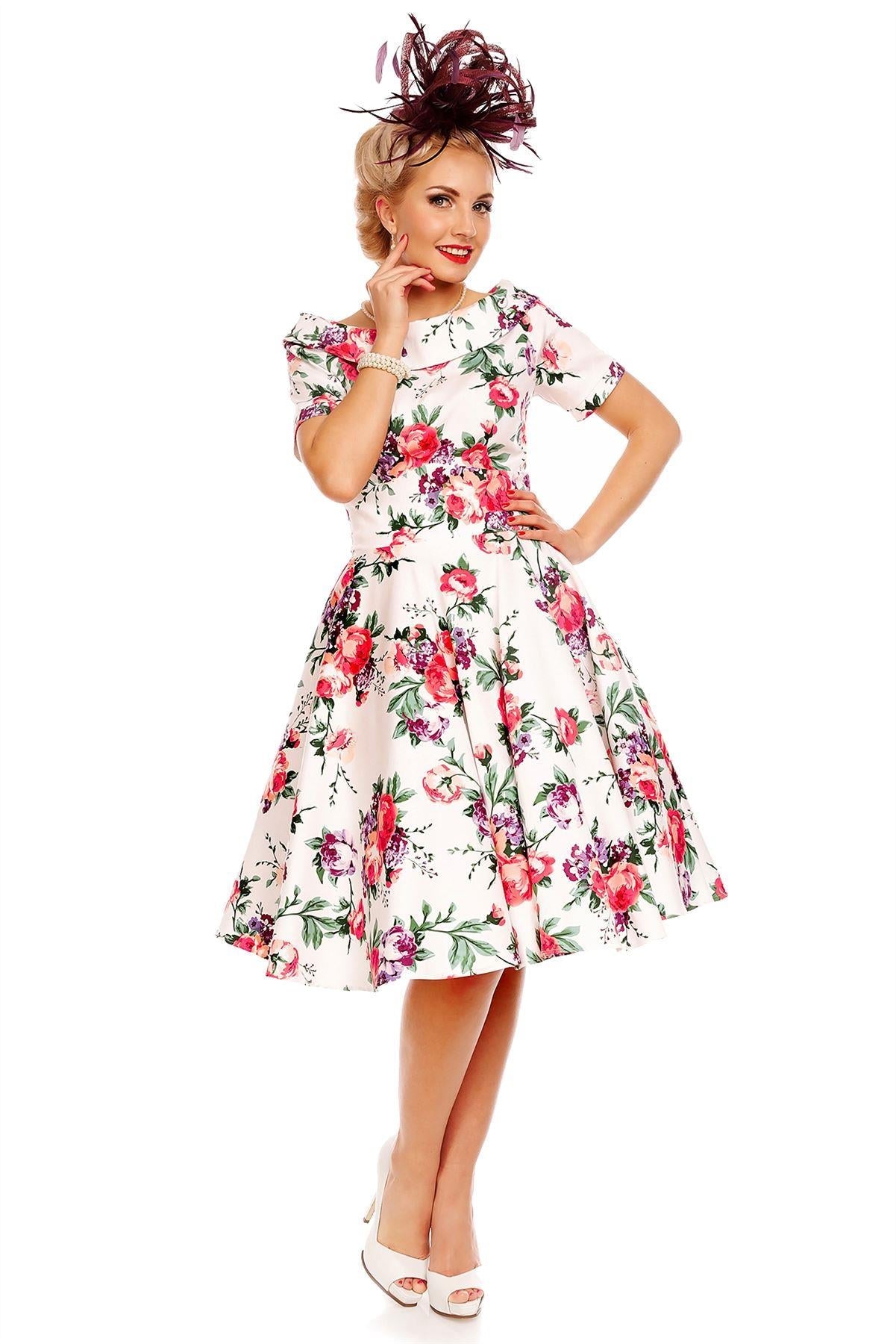 Darlene Retro Floral  Swing Dress in White