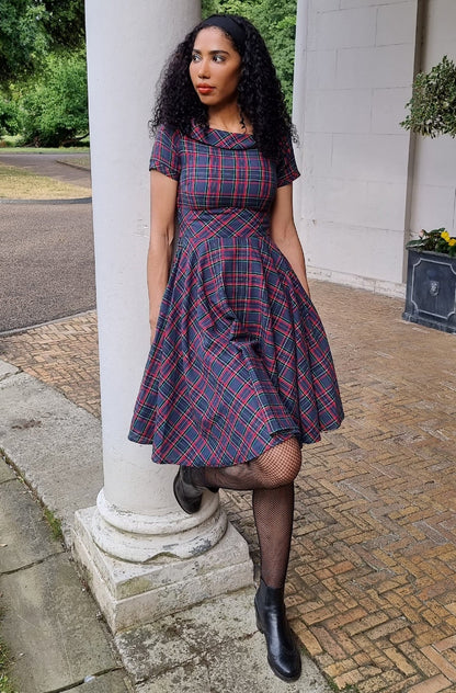 Darlene Retro Navy & Red Tartan Swing Dress