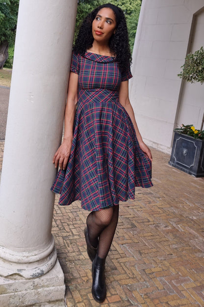 Darlene Retro Navy & Red Tartan Swing Dress