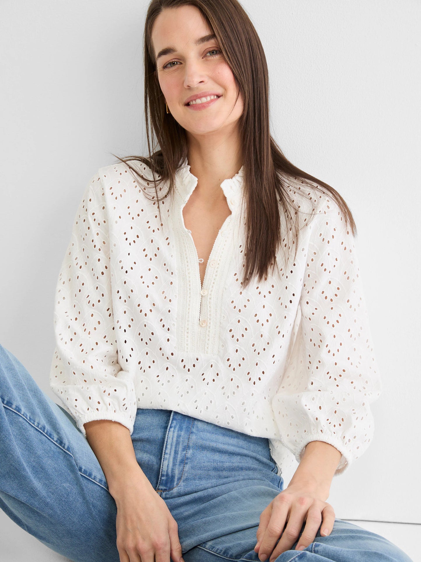 Knit Eyelet Ruffle Neck Top