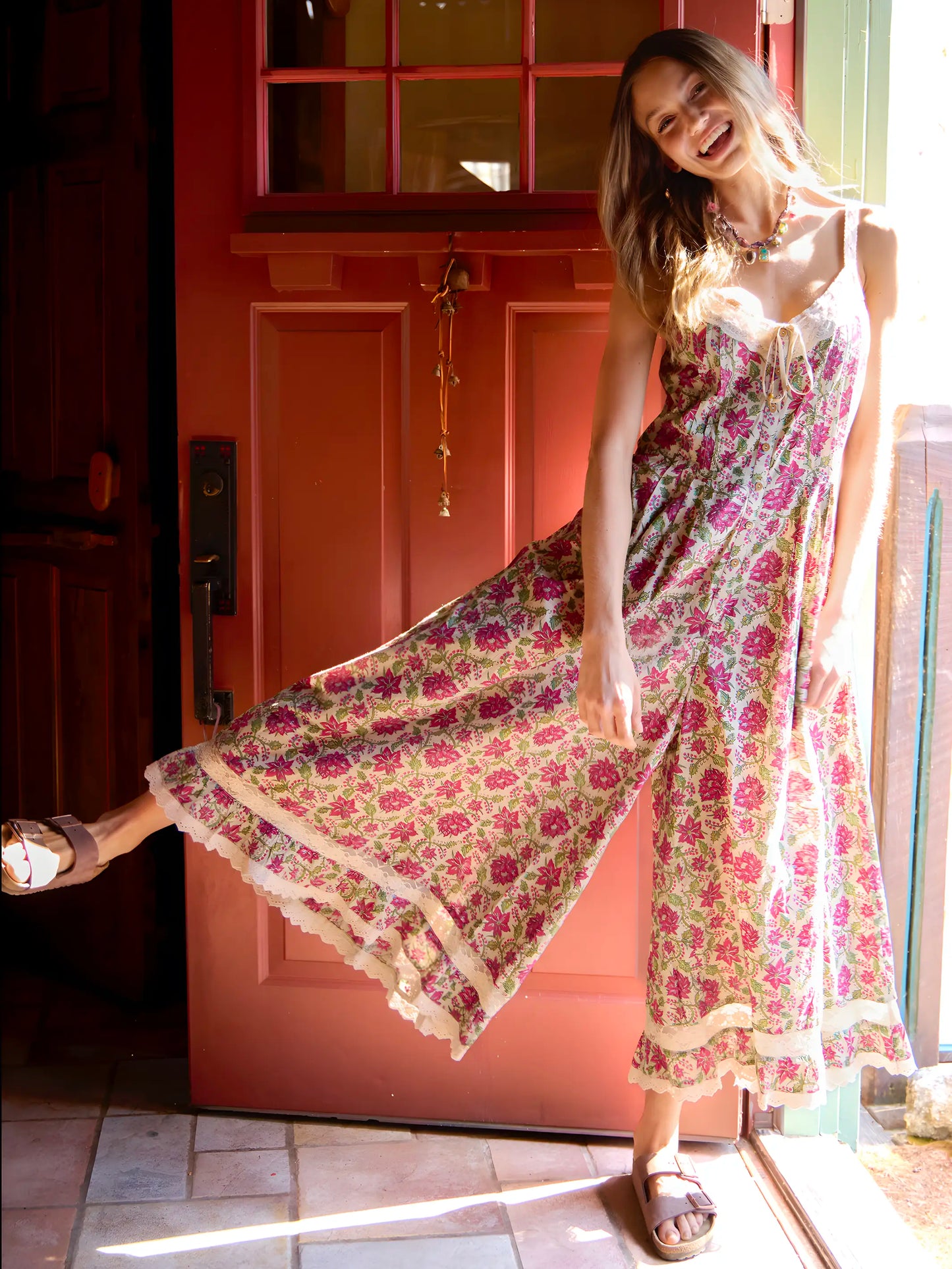 Cotton & Lace Jumpsuit - Cream Pink Lotus