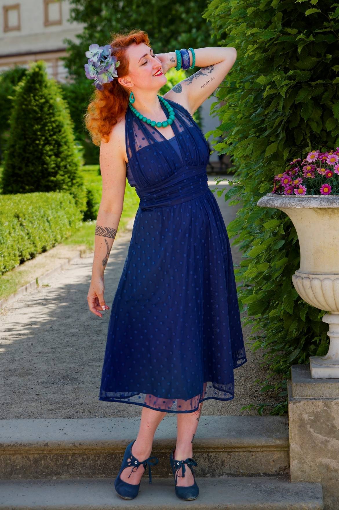 Dorothea Navy Blue Polka Dot Mesh Halter Dress
