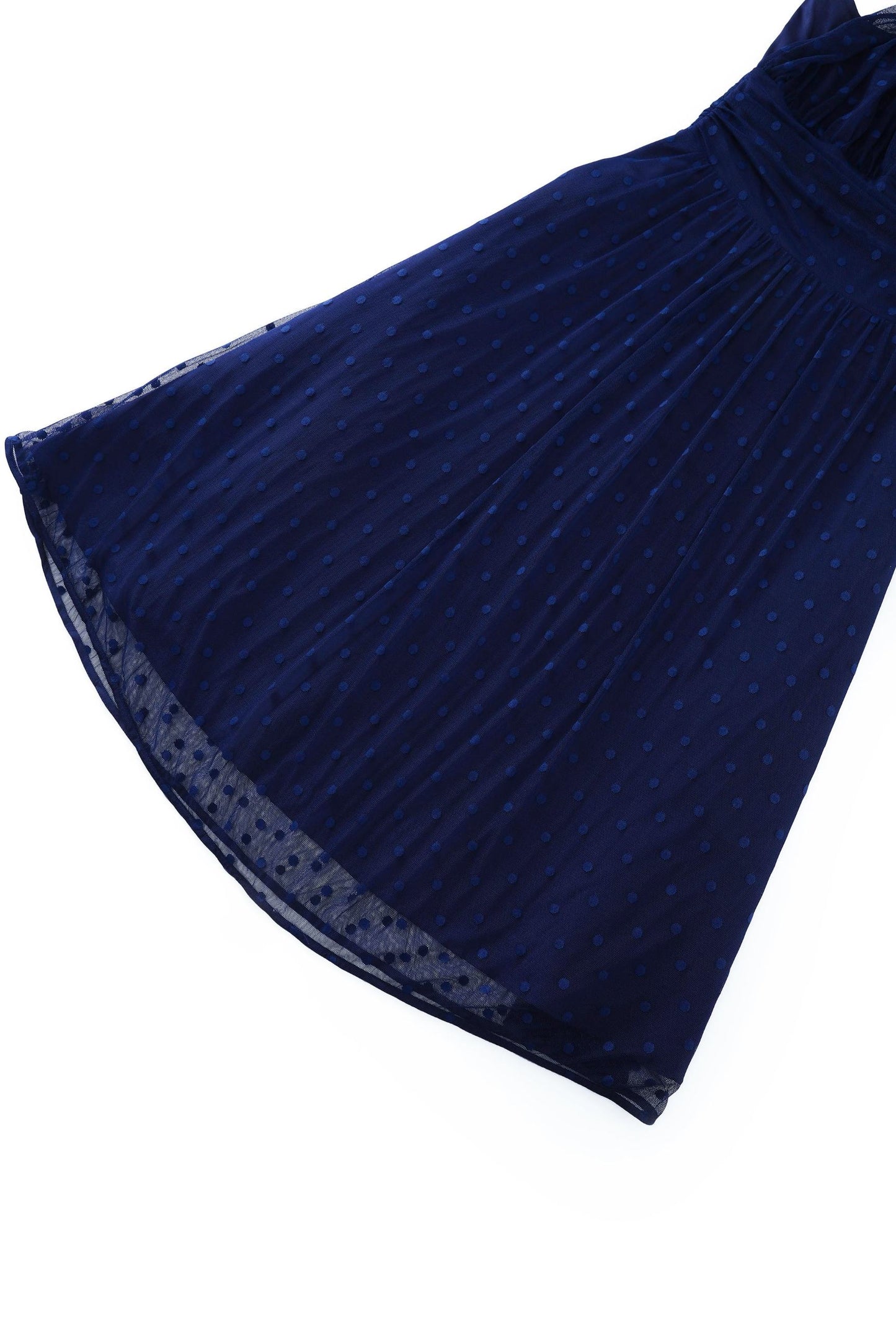 Dorothea Navy Blue Polka Dot Mesh Halter Dress