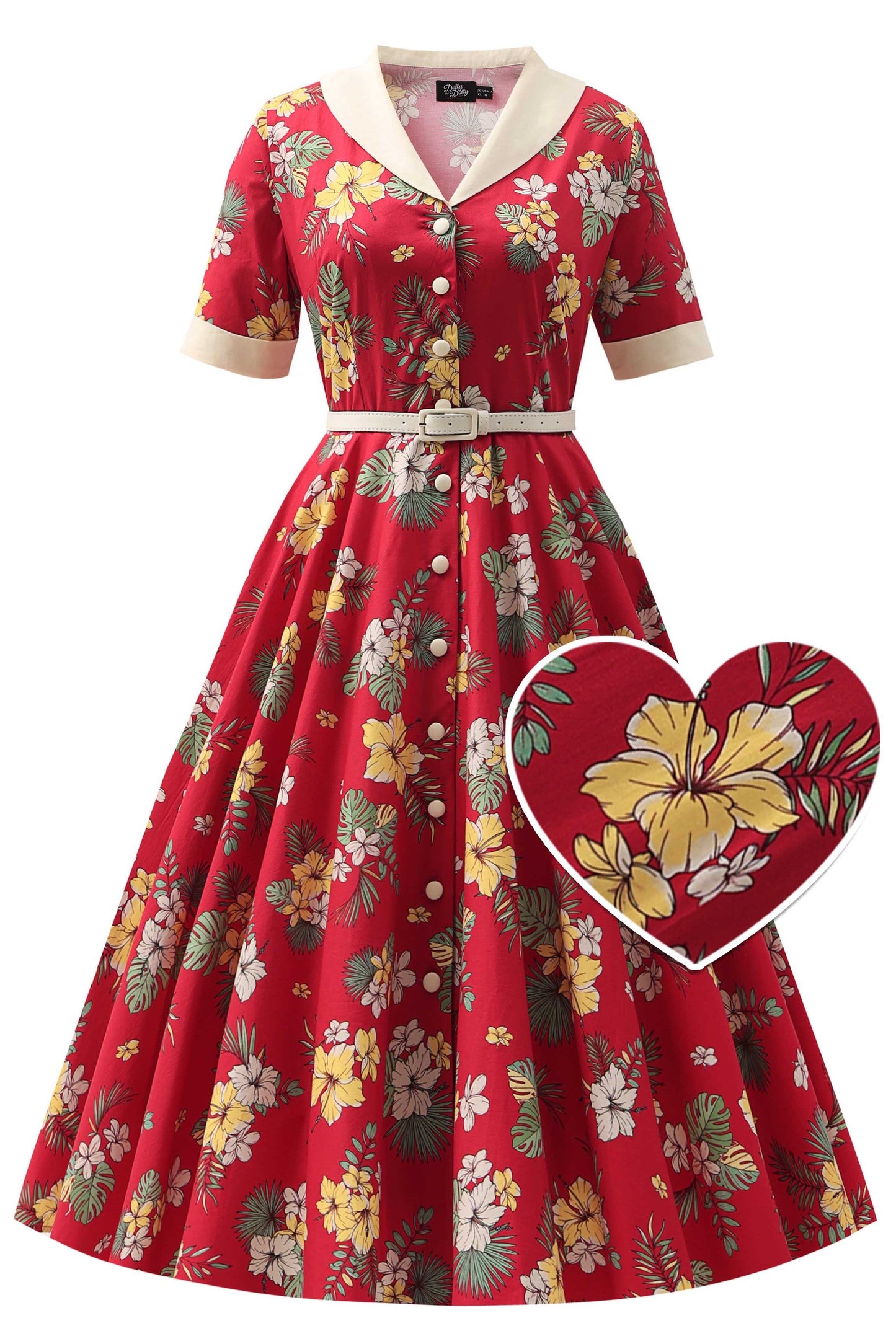 Mollie Red Vintage Hibiscus Full Circle Shirt Dress
