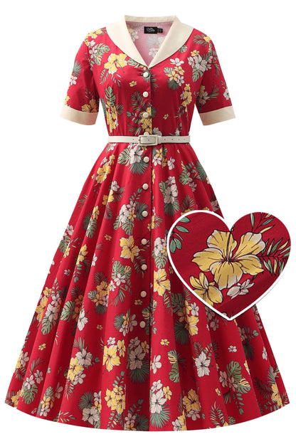 Mollie Red Vintage Hibiscus Full Circle Shirt Dress