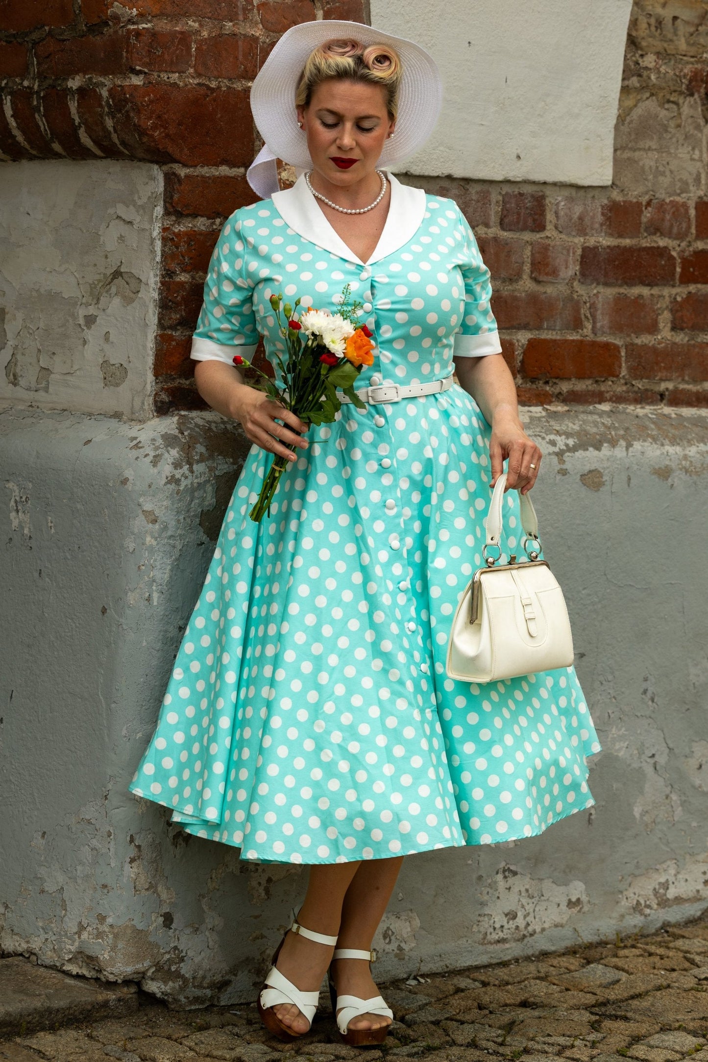 Mollie Turquoise Polka Dot Full Circle Shirt Dress