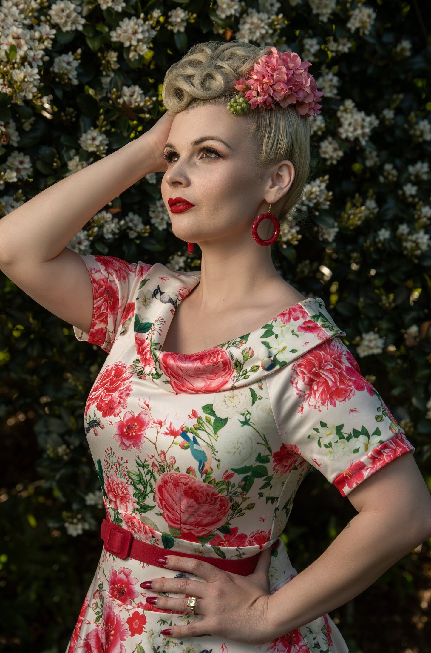 Darlene Vintage Peony Floral Tea Dress In White & Pink