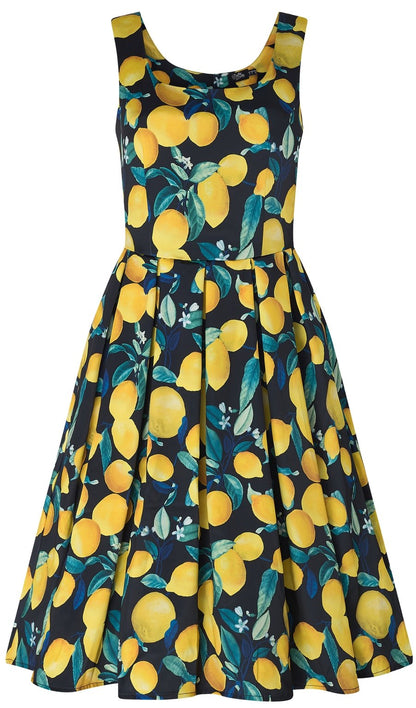 Amanda Vintage Flared Dress in Black/Yellow Lemon Print