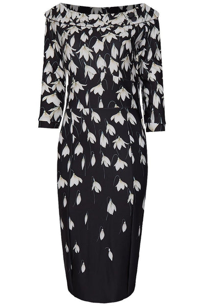 Denise Vintage Inspired Wiggle Dress-Black Snowdrop Flowers