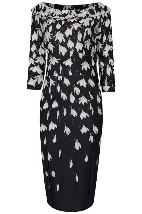 Denise Vintage Inspired Wiggle Dress-Black Snowdrop Flowers