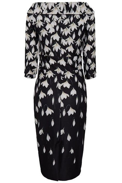 Denise Vintage Inspired Wiggle Dress-Black Snowdrop Flowers