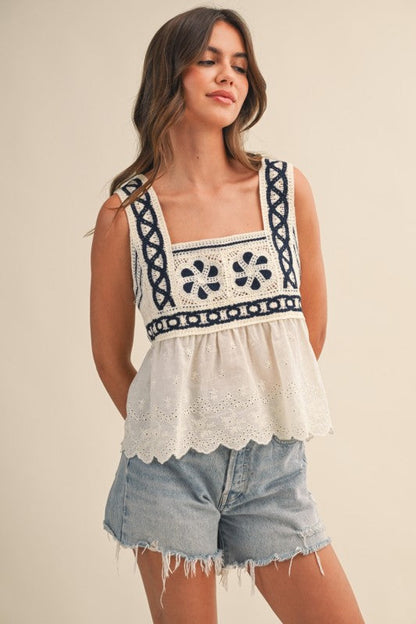 Kenza Sleeveless Crochet Cami Top Cream