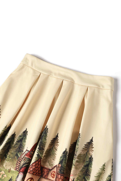 Aisley Gnome Village Pleated Midi Skirt in Cream/Green