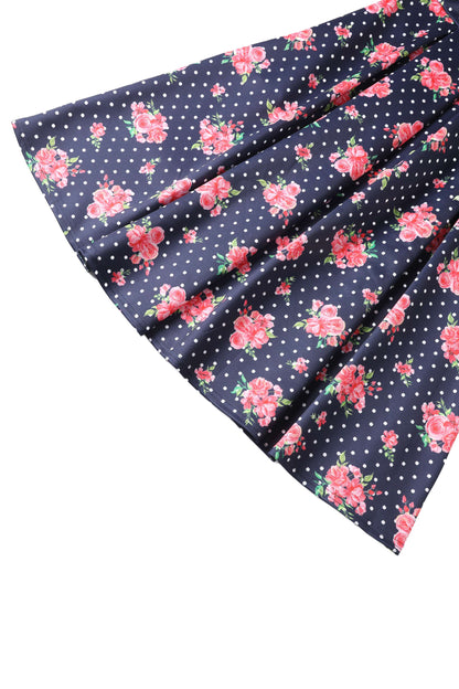 Aisley Polka Rose Midi Skirt In Blue/Pink