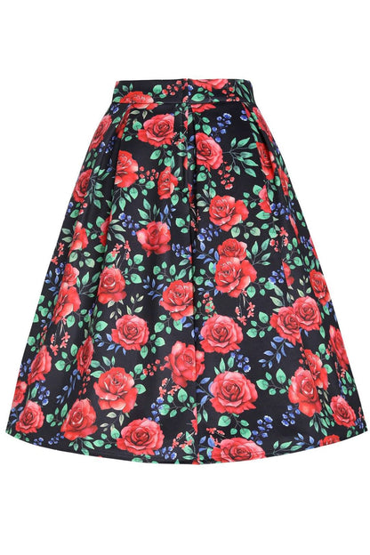 Aisley Red Rose Midi Skirt in Black/Red