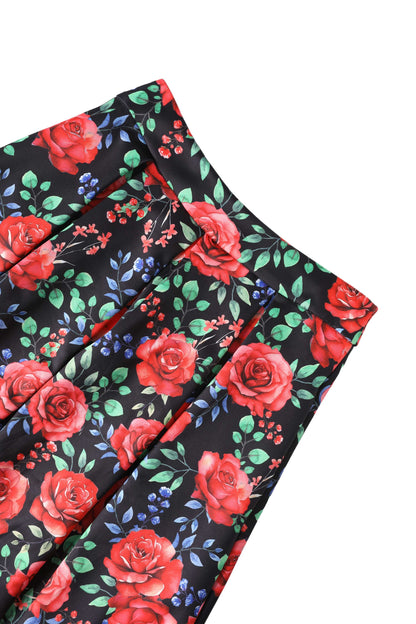 Aisley Red Rose Midi Skirt in Black/Red