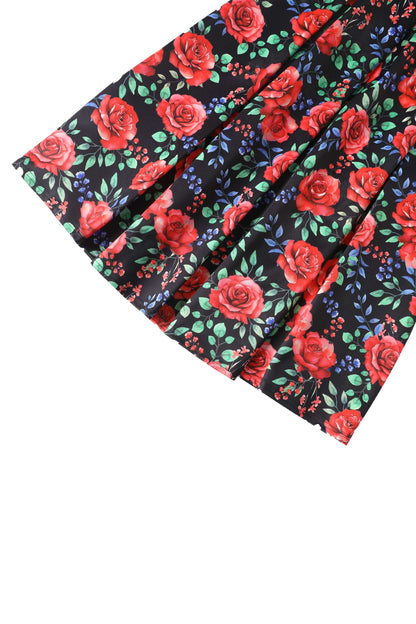 Aisley Red Rose Midi Skirt in Black/Red