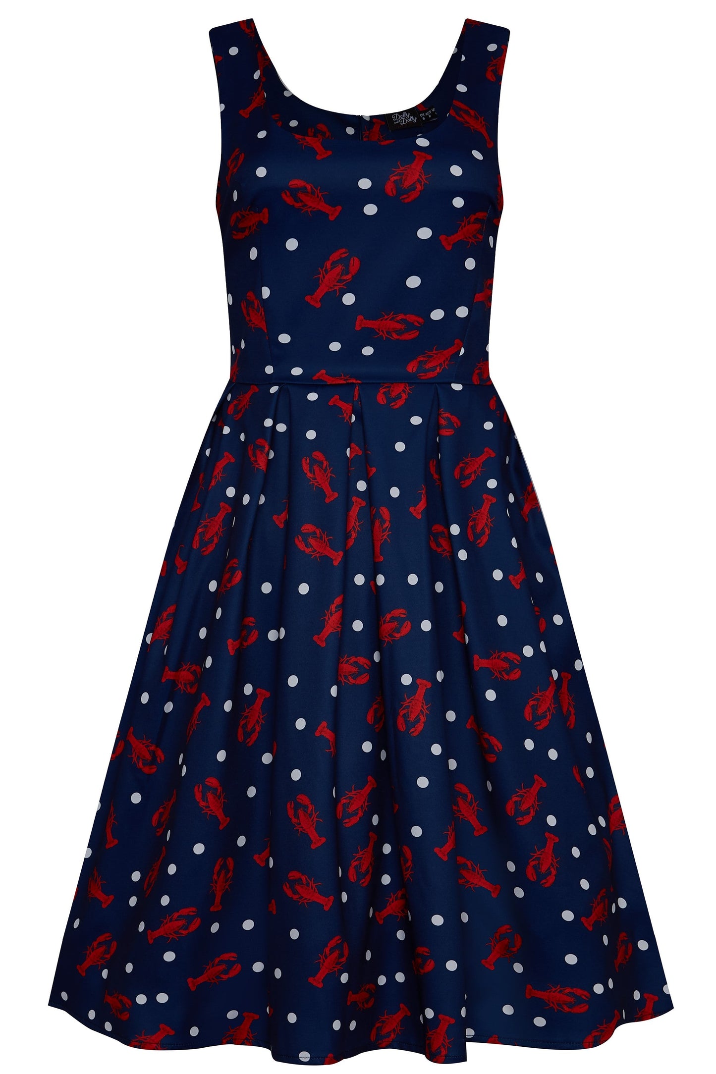 Gorgeous Amanda 50s Inspired Navy Swing Dress with Red Lobsters and White Dots