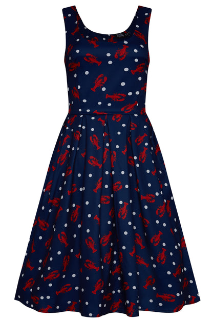 Gorgeous Amanda 50s Inspired Navy Swing Dress with Red Lobsters and White Dots