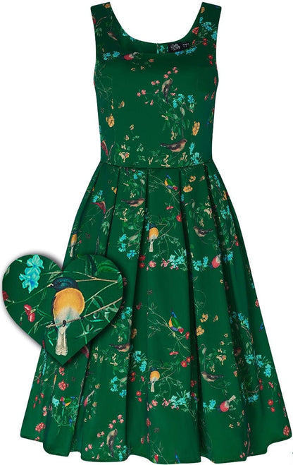 Amanda Vintage Inspired Forest Green Bird Print Dress