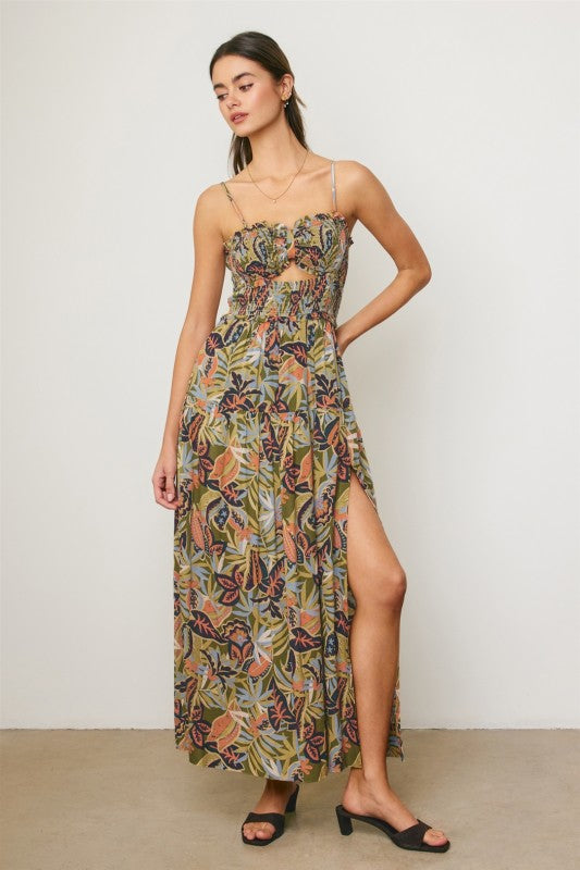 Fawn Sleeveless Cut Out Tropical Print Maxi Dress Green