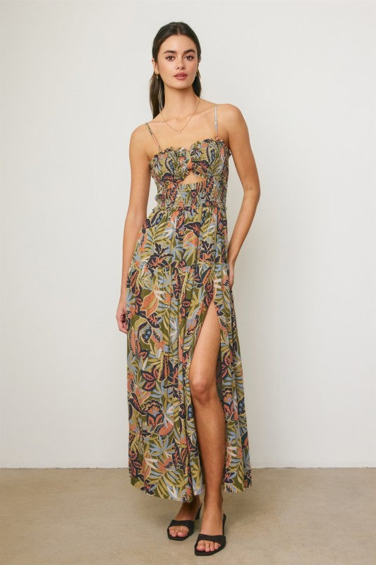 Fawn Sleeveless Cut Out Tropical Print Maxi Dress Green