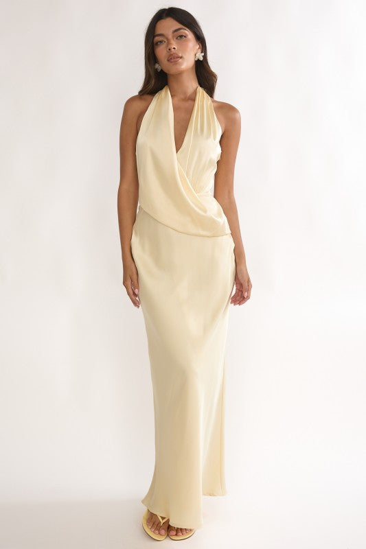 Thessaly Sleeveless Halter Open Back Maxi Dress Yellow