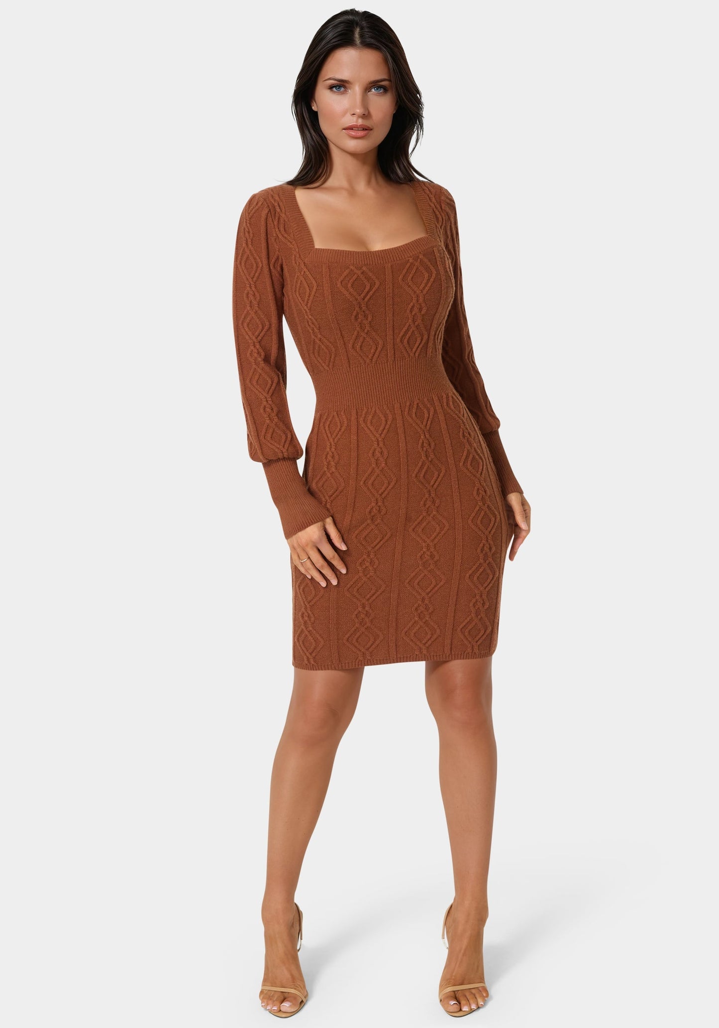 Square Neck Long Sleeve Cable Sweater Dress