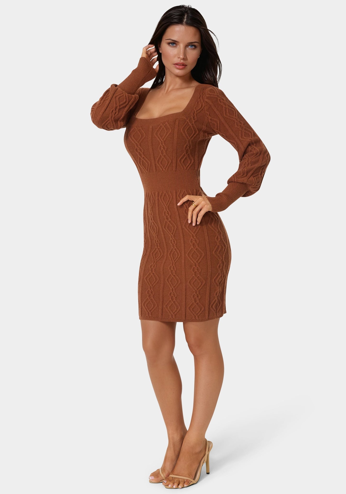 Square Neck Long Sleeve Cable Sweater Dress
