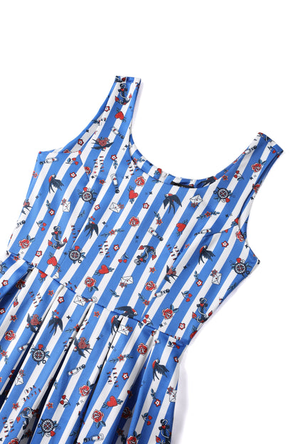 Amanda Blue Striped Rockabilly Swallow Swing Dress