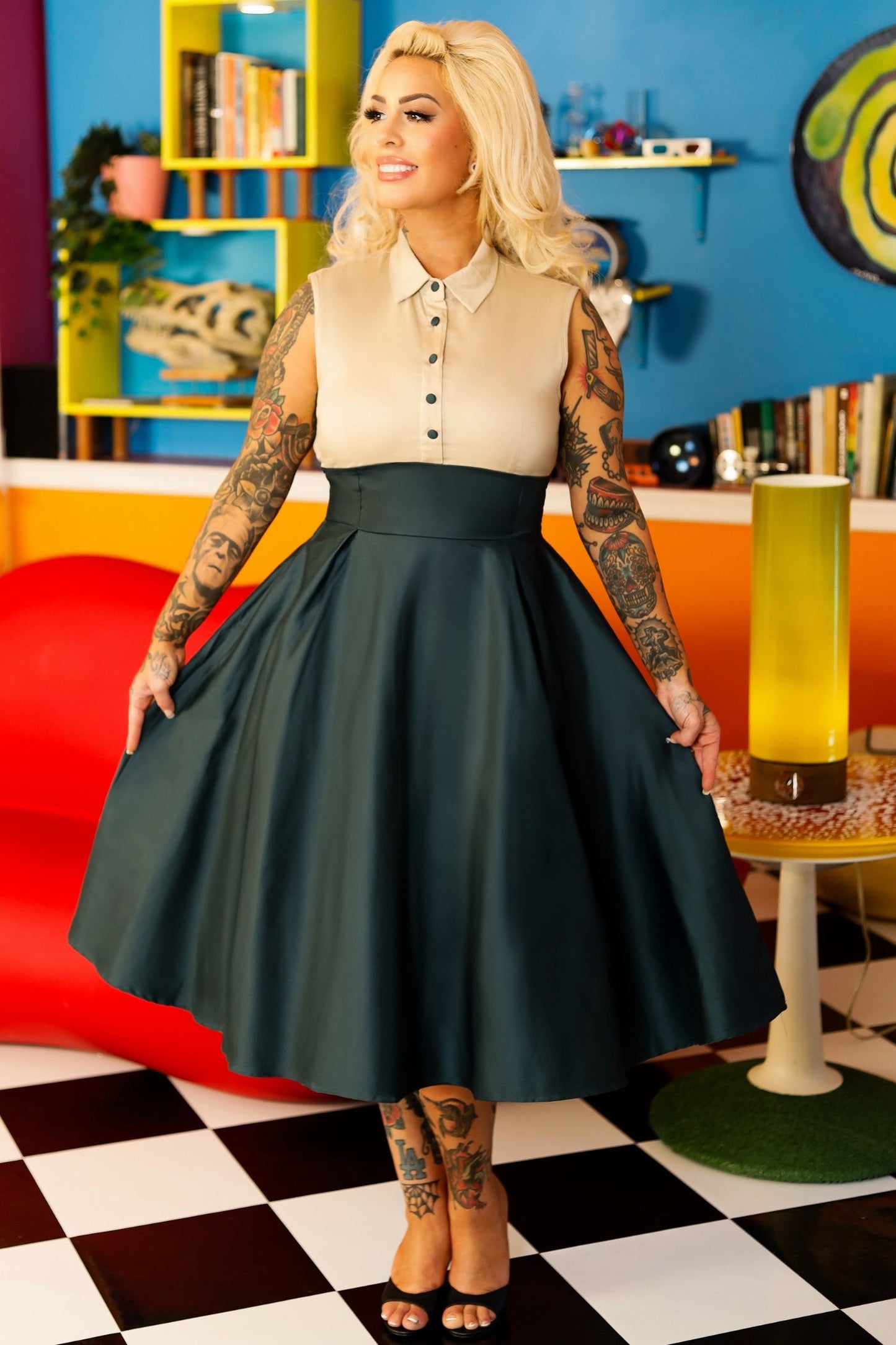 Lisa Button Up Shirt Dress in Cream and Dark Green