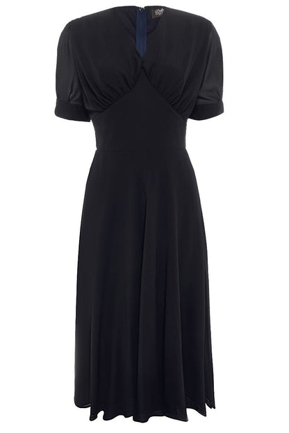 Elise 1940's Inspired Balloon Sleeves Chiffon Swing Dress in Navy