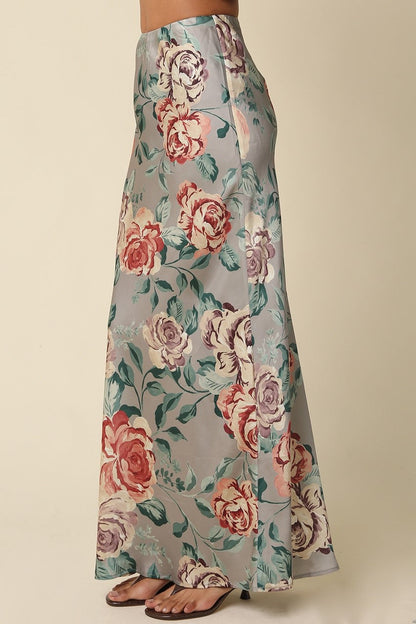 Waitlist  8/20 • Rory High Waist Elegant Floral Print Satin Maxi Skirt Sage