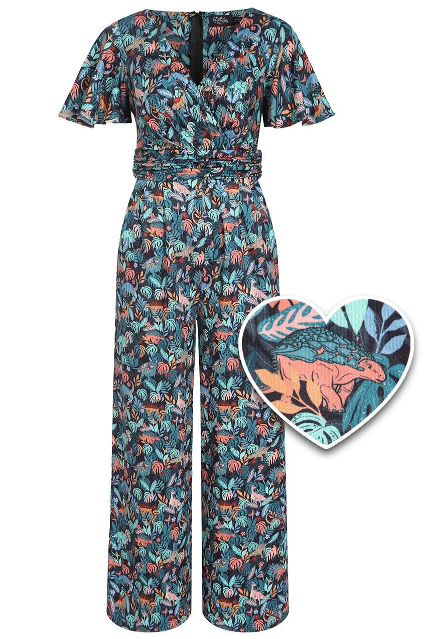 Esther Colourful Dinosaur Jumpsuit In Green