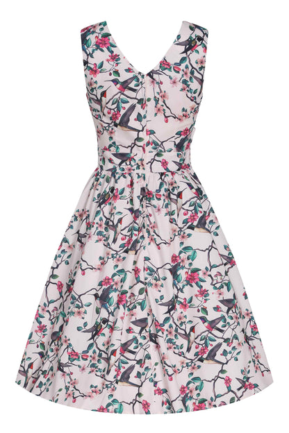 May Crossover Bust Circle Dress In White Bird Print