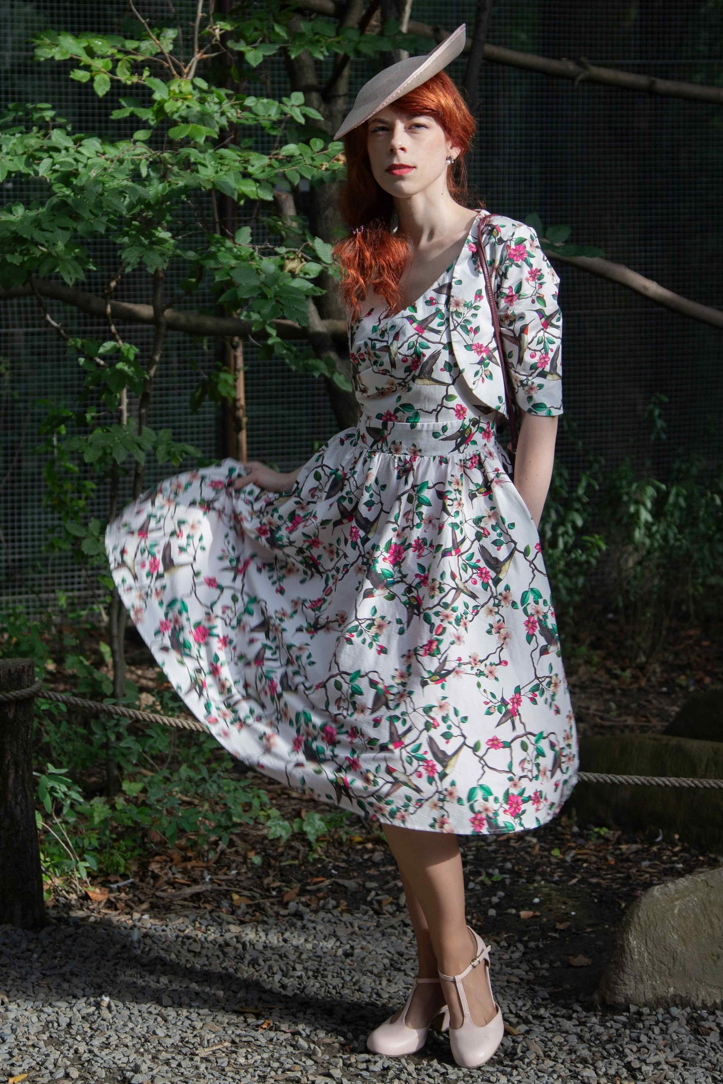 May Crossover Bust Circle Dress In White Bird Print