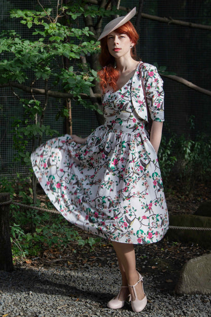 May Crossover Bust Circle Dress In White Bird Print
