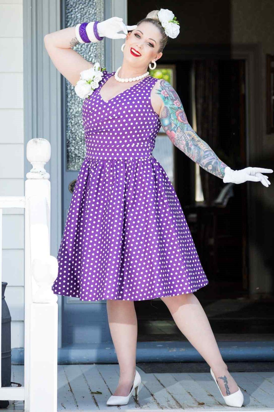 May Crossover Bust Purple White Polka Dot Dress