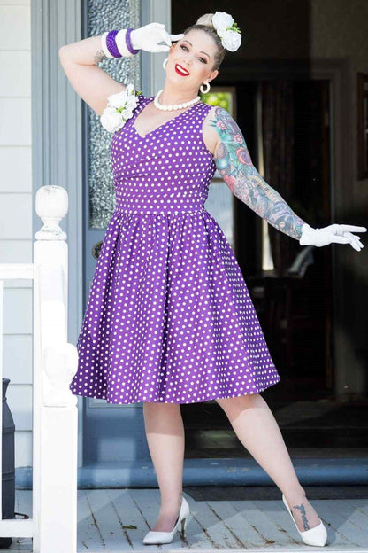 May Crossover Bust Purple White Polka Dot Dress
