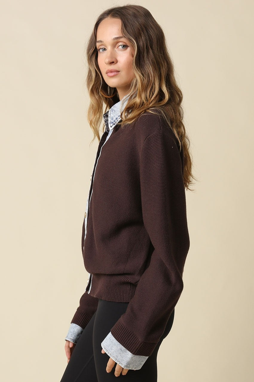 Waitlist 8/20 • Blaire Long Sleeve Button Down Contrast Denim Knit Cardigan Brown
