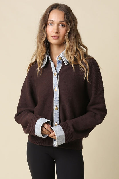 Waitlist 8/20 • Blaire Long Sleeve Button Down Contrast Denim Knit Cardigan Brown