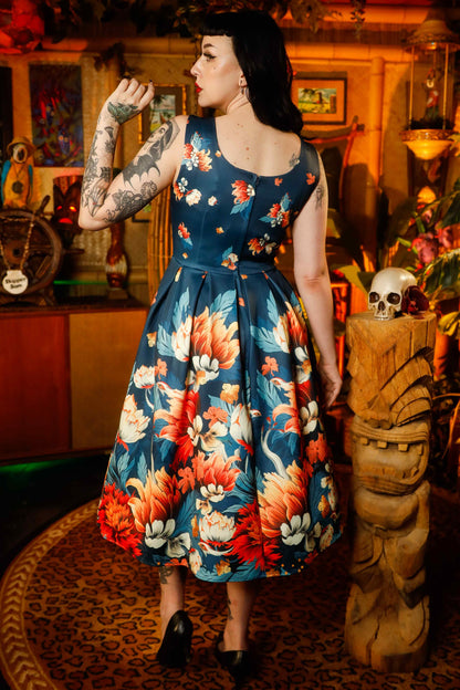 Amanda Dark Blue Flower Garden Swing Dress
