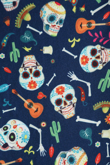 Claudia Navy Blue Dress with Day of the Dead Sugar Skulls