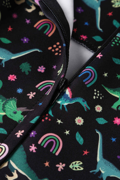 Amanda Black Flared Dress in Dinosaur & Rainbow Print