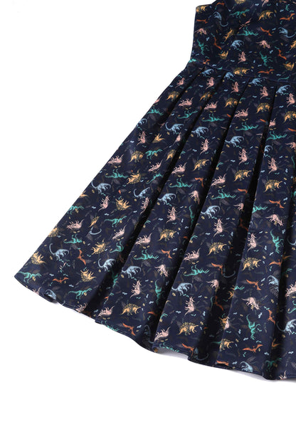 Amanda Multi-coloured Dinosaurs in Navy Blue Flared Dress