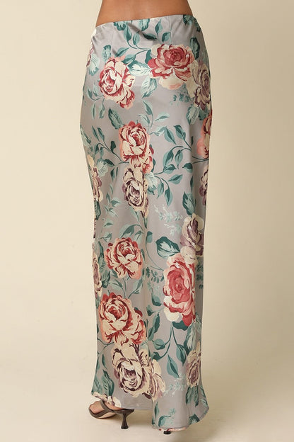 Waitlist  8/20 • Rory High Waist Elegant Floral Print Satin Maxi Skirt Sage